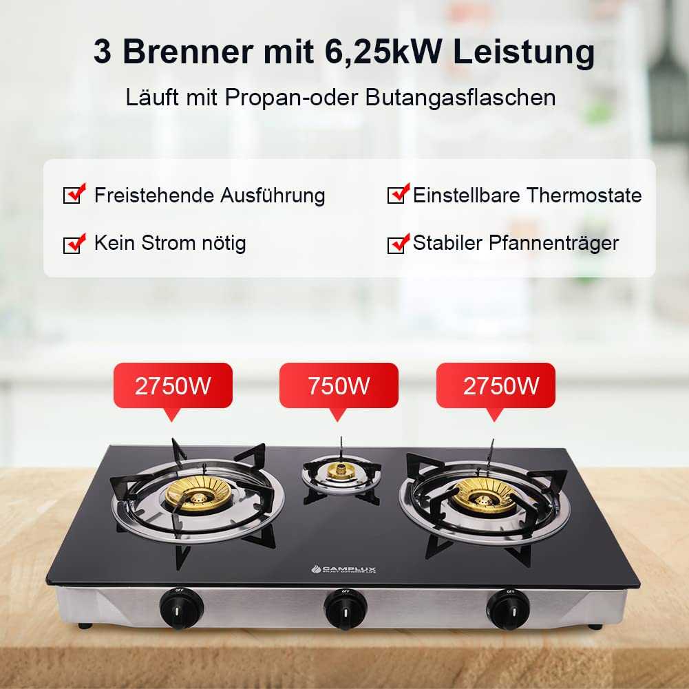 Camplux TC03GB 3 Flammig Glas Gaskochfeld/ 6,25 kW LPG Gaskocher/ Tragbar Campingkocher für Küche, Büro oder Camping/ 72,5cm/ 50mbar Gasregler