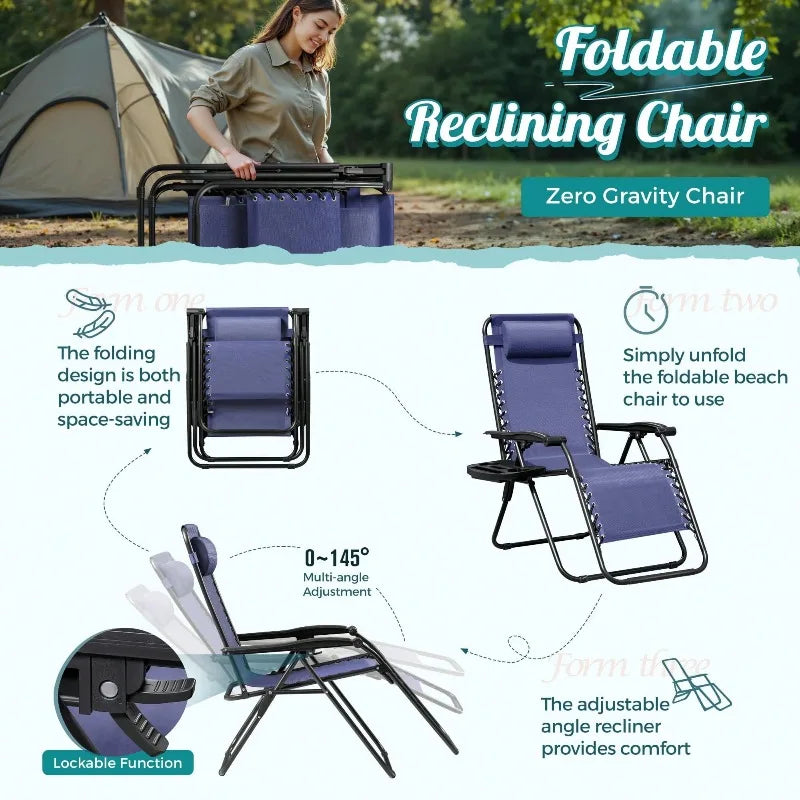 Zero Gravity Chair Patio Folding Lawn Outdoor Lounge Gravity Camp Reclining Lounge Chair With Cup Holder Pillows For Poolside Backyard And Beach Set Of 2 (Blue)