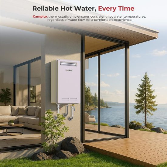 Camplux Whole Home Outdoor Tankless Hot Water Heater 6.86 GPM for 3-4 Persons Whole House | White