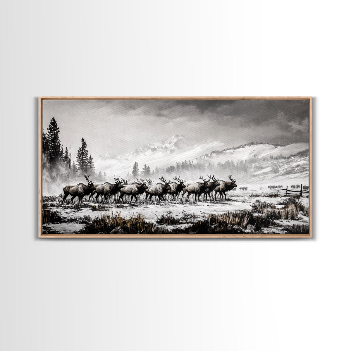 Elk, Wildlife, Mountain, Framed Canvas Print, Rustic Lodge Art, Winter Nature Scene, Cabin Wall Decor, Hunting Artwork, Western Aesthetic