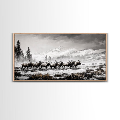 Elk, Wildlife, Mountain, Framed Canvas Print, Rustic Lodge Art, Winter Nature Scene, Cabin Wall Decor, Hunting Artwork, Western Aesthetic