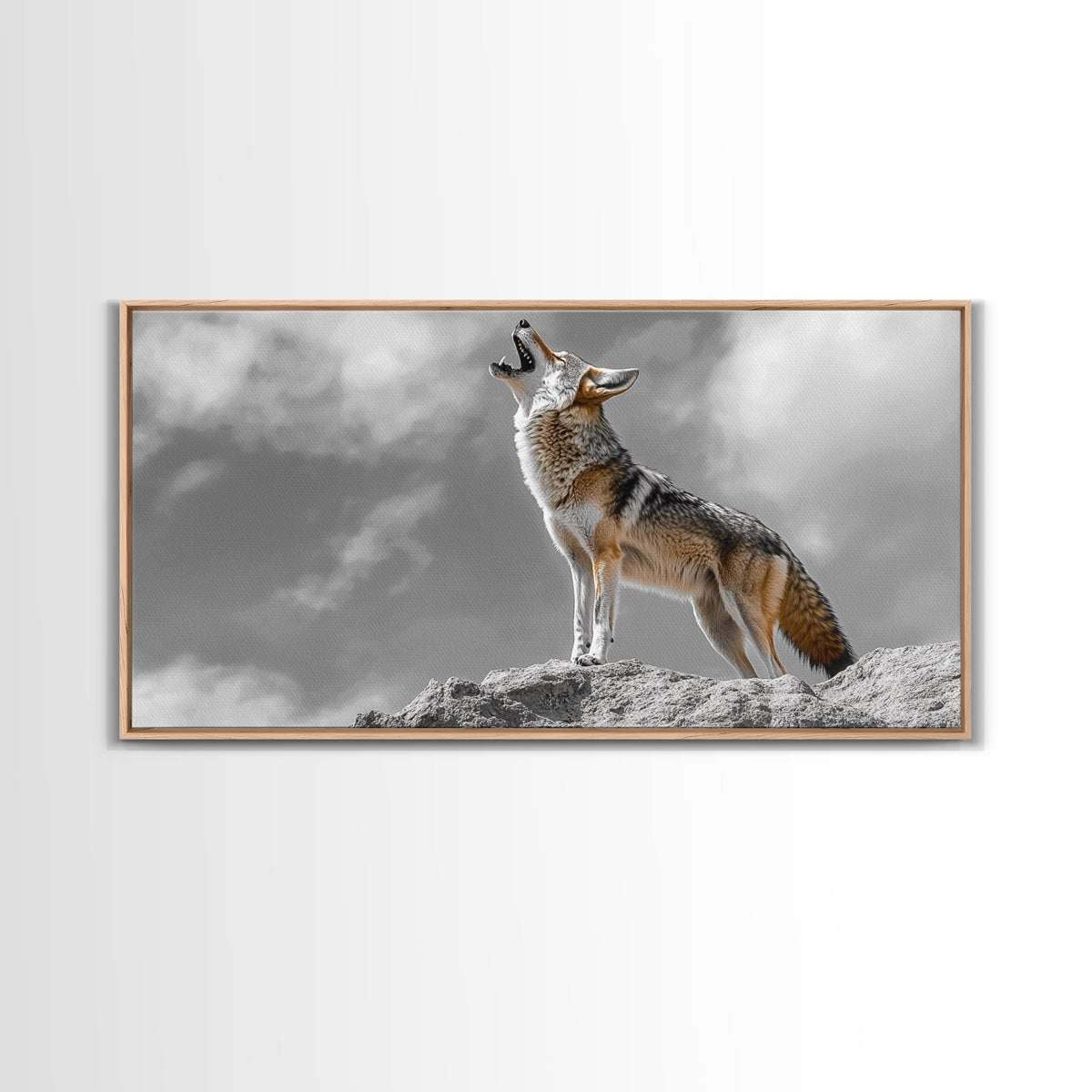 Howling Coyote Peak, Desert Wildlife Portrait, Majestic Animal Scene, Framed Canvas Print, Cabin Decor, Nature Wall Art, Minimalist Vibe