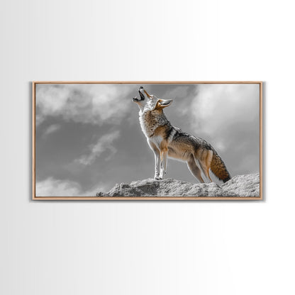 Howling Coyote Peak, Desert Wildlife Portrait, Majestic Animal Scene, Framed Canvas Print, Cabin Decor, Nature Wall Art, Minimalist Vibe