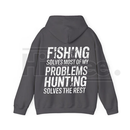 "Fishing Solves Most of My Problems" Hoodie – Funny Back Printed Hunter & Fisherman Gift, Men’s Outdoor Pullover