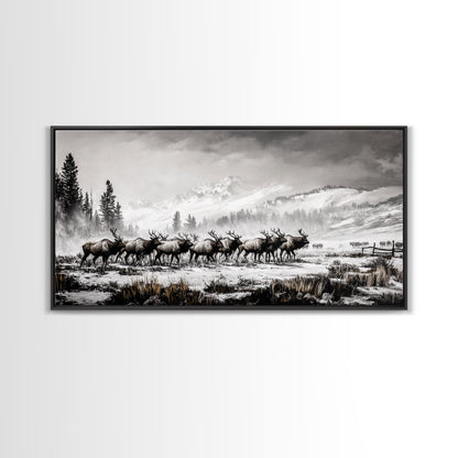 Elk, Wildlife, Mountain, Framed Canvas Print, Rustic Lodge Art, Winter Nature Scene, Cabin Wall Decor, Hunting Artwork, Western Aesthetic