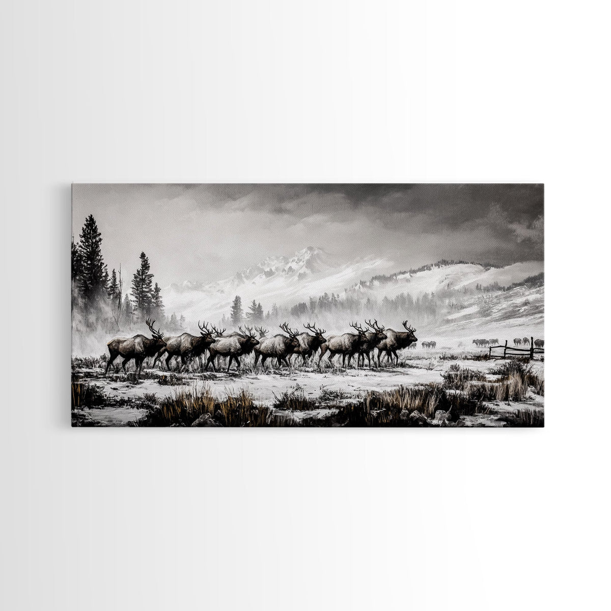 Elk, Wildlife, Mountain, Framed Canvas Print, Rustic Lodge Art, Winter Nature Scene, Cabin Wall Decor, Hunting Artwork, Western Aesthetic