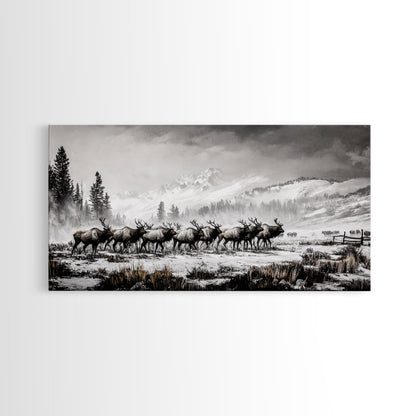 Elk, Wildlife, Mountain, Framed Canvas Print, Rustic Lodge Art, Winter Nature Scene, Cabin Wall Decor, Hunting Artwork, Western Aesthetic