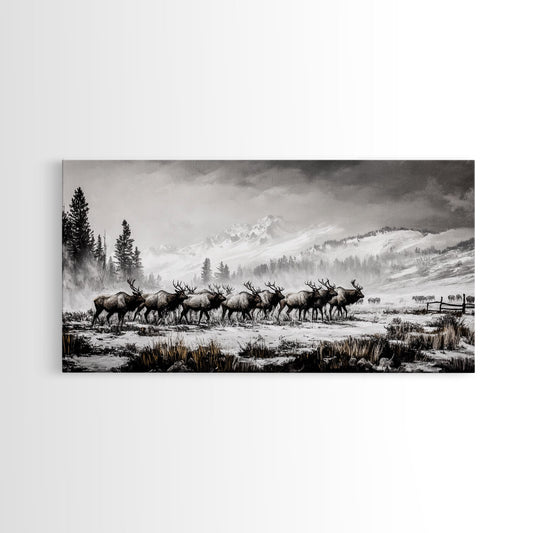 Elk, Wildlife, Mountain, Framed Canvas Print, Rustic Lodge Art, Winter Nature Scene, Cabin Wall Decor, Hunting Artwork, Western Aesthetic
