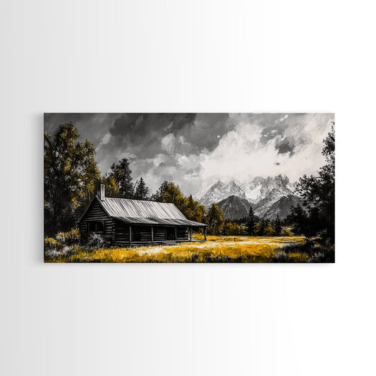 Cabin in Mountains, Rustic Home Art, Lodge Wall Art, Western Decor, Cozy Cottage Print, Nature Landscape Painting, Framed Canvas Print