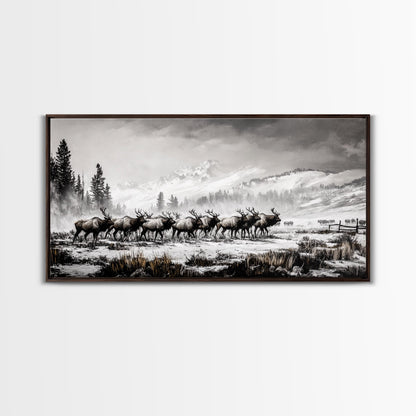 Elk, Wildlife, Mountain, Framed Canvas Print, Rustic Lodge Art, Winter Nature Scene, Cabin Wall Decor, Hunting Artwork, Western Aesthetic