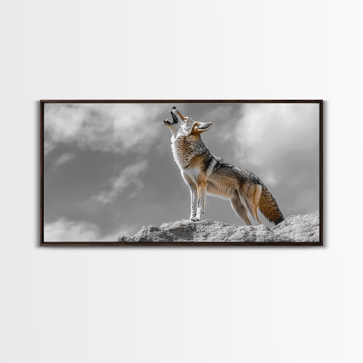 Howling Coyote Peak, Desert Wildlife Portrait, Majestic Animal Scene, Framed Canvas Print, Cabin Decor, Nature Wall Art, Minimalist Vibe