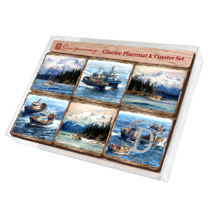 Fishing Boats Wooden Cork Placemat and Coasters Gift Set of 7 by Nature Wonders Coastal Wildlife Decor  - 85405C-S7