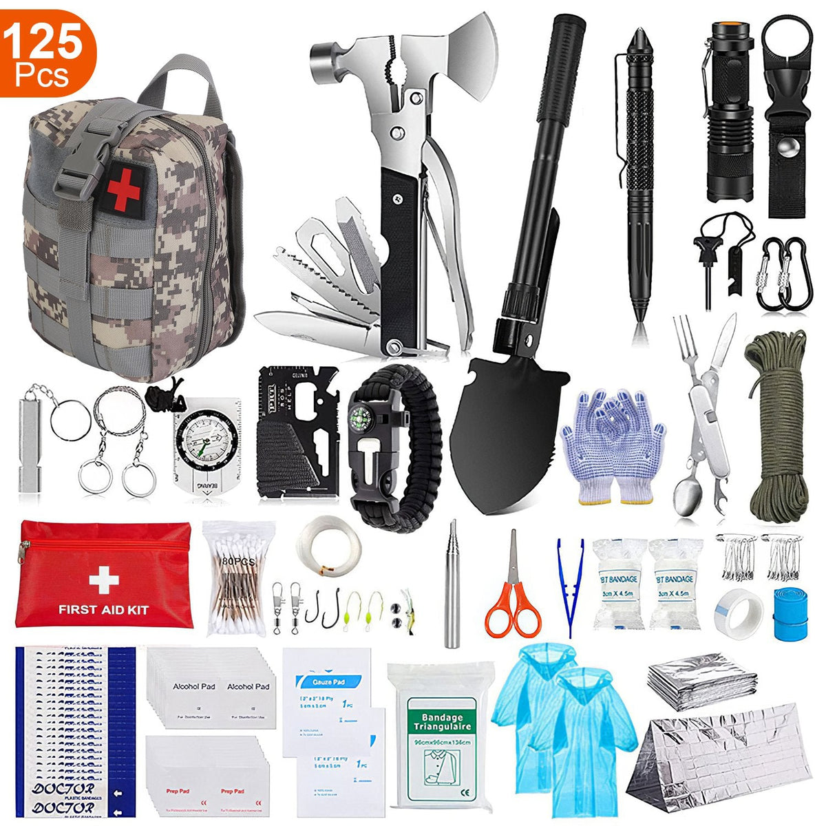 125Pcs Survival Kits Professional Emergency Survival Gear Tactical First Aid Kit Supplies for Outdoor Adventure Camping Hiking Hunting