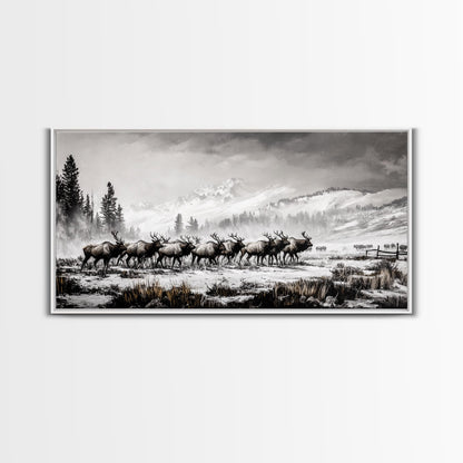 Elk, Wildlife, Mountain, Framed Canvas Print, Rustic Lodge Art, Winter Nature Scene, Cabin Wall Decor, Hunting Artwork, Western Aesthetic
