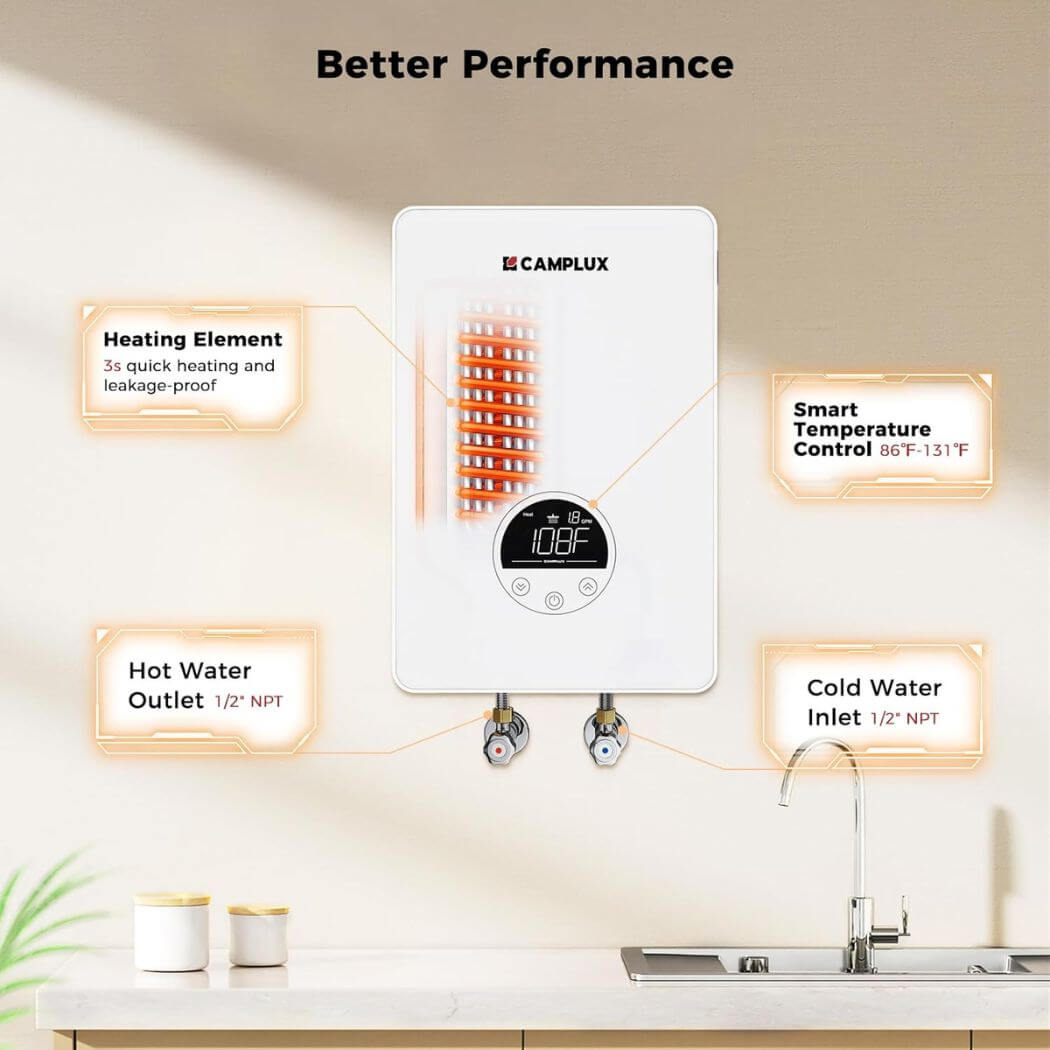 Camplux Electric Point of Use Tankless Hot Water Heater, 4.5kW at 110~120V