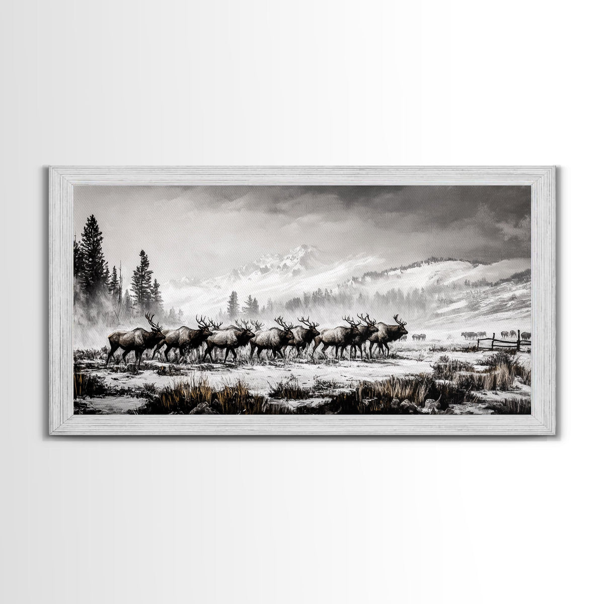Elk, Wildlife, Mountain, Framed Canvas Print, Rustic Lodge Art, Winter Nature Scene, Cabin Wall Decor, Hunting Artwork, Western Aesthetic