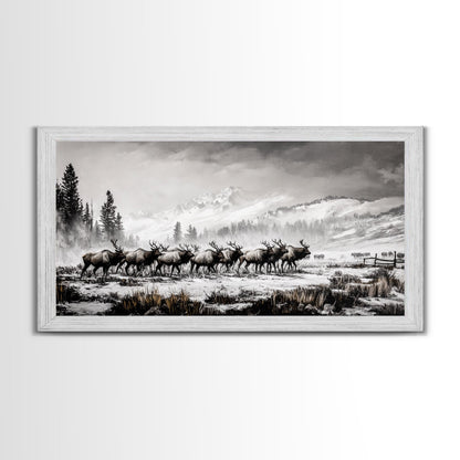Elk, Wildlife, Mountain, Framed Canvas Print, Rustic Lodge Art, Winter Nature Scene, Cabin Wall Decor, Hunting Artwork, Western Aesthetic