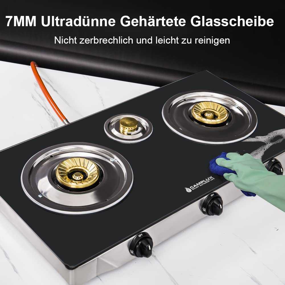 Camplux TC03GB 3 Flammig Glas Gaskochfeld/ 6,25 kW LPG Gaskocher/ Tragbar Campingkocher für Küche, Büro oder Camping/ 72,5cm/ 50mbar Gasregler