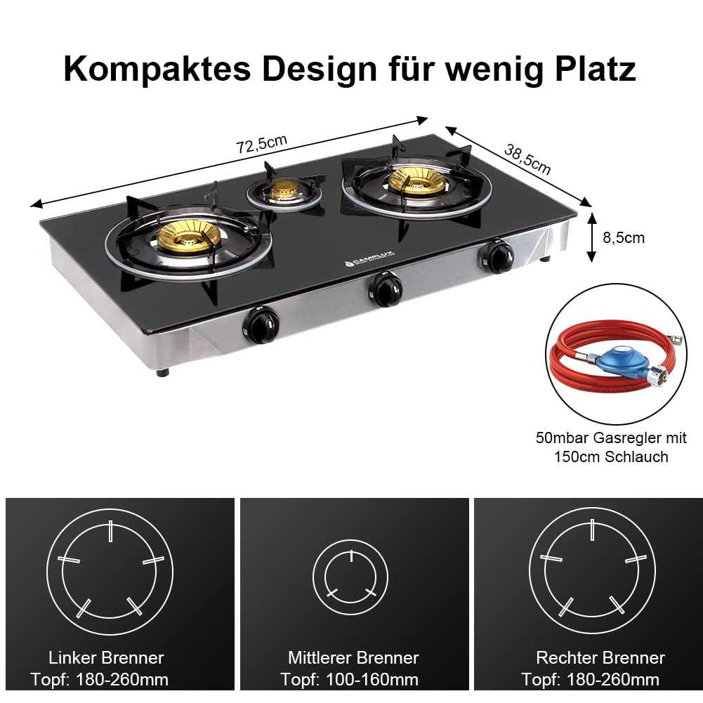 Camplux TC03GB 3 Flammig Glas Gaskochfeld/ 6,25 kW LPG Gaskocher/ Tragbar Campingkocher für Küche, Büro oder Camping/ 72,5cm/ 50mbar Gasregler