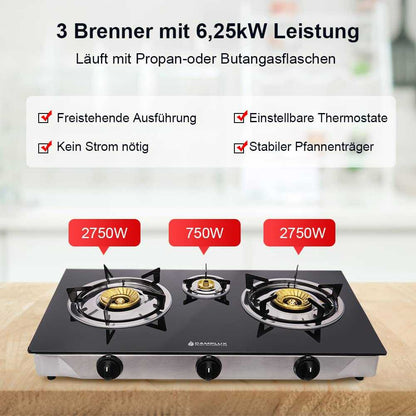 Camplux TC03GB 3 Flammig Glas Gaskochfeld/ 6,25 kW LPG Gaskocher/ Tragbar Campingkocher für Küche, Büro oder Camping/ 72,5cm/ 50mbar Gasregler