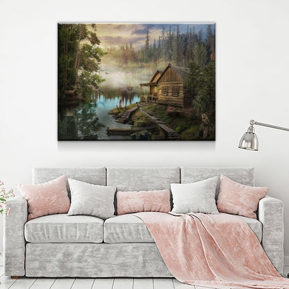 Cabin On The Lake Canvas Wall Art, Forest Cabin, Deer, Owl Decor, Hiking, Fishing Decor, Cabin Decor, Wilderness Decor