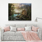 Cabin On The Lake Canvas Wall Art, Forest Cabin, Deer, Owl Decor, Hiking, Fishing Decor, Cabin Decor, Wilderness Decor