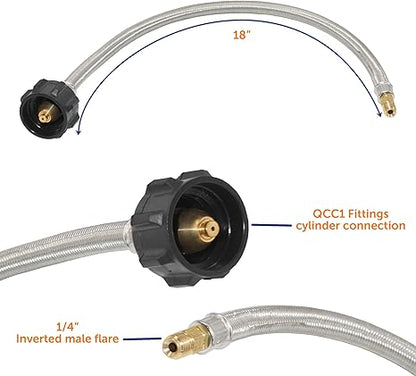 Flame King 2-Stage Auto Changeover LP Propane Gas Regulator with Two 18-inch Steel Braided Pigtail Hoses for RVs, Vans, Trailers