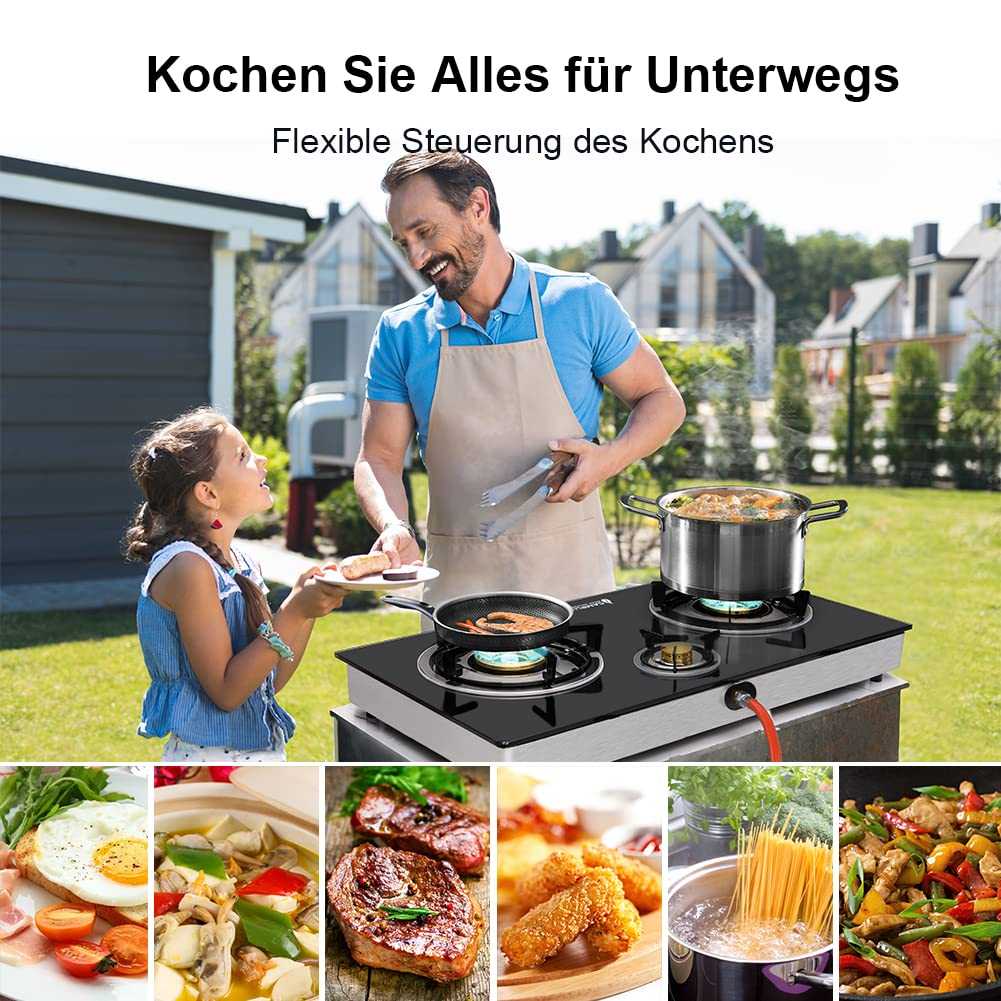 Camplux TC03GB 3 Flammig Glas Gaskochfeld/ 6,25 kW LPG Gaskocher/ Tragbar Campingkocher für Küche, Büro oder Camping/ 72,5cm/ 50mbar Gasregler