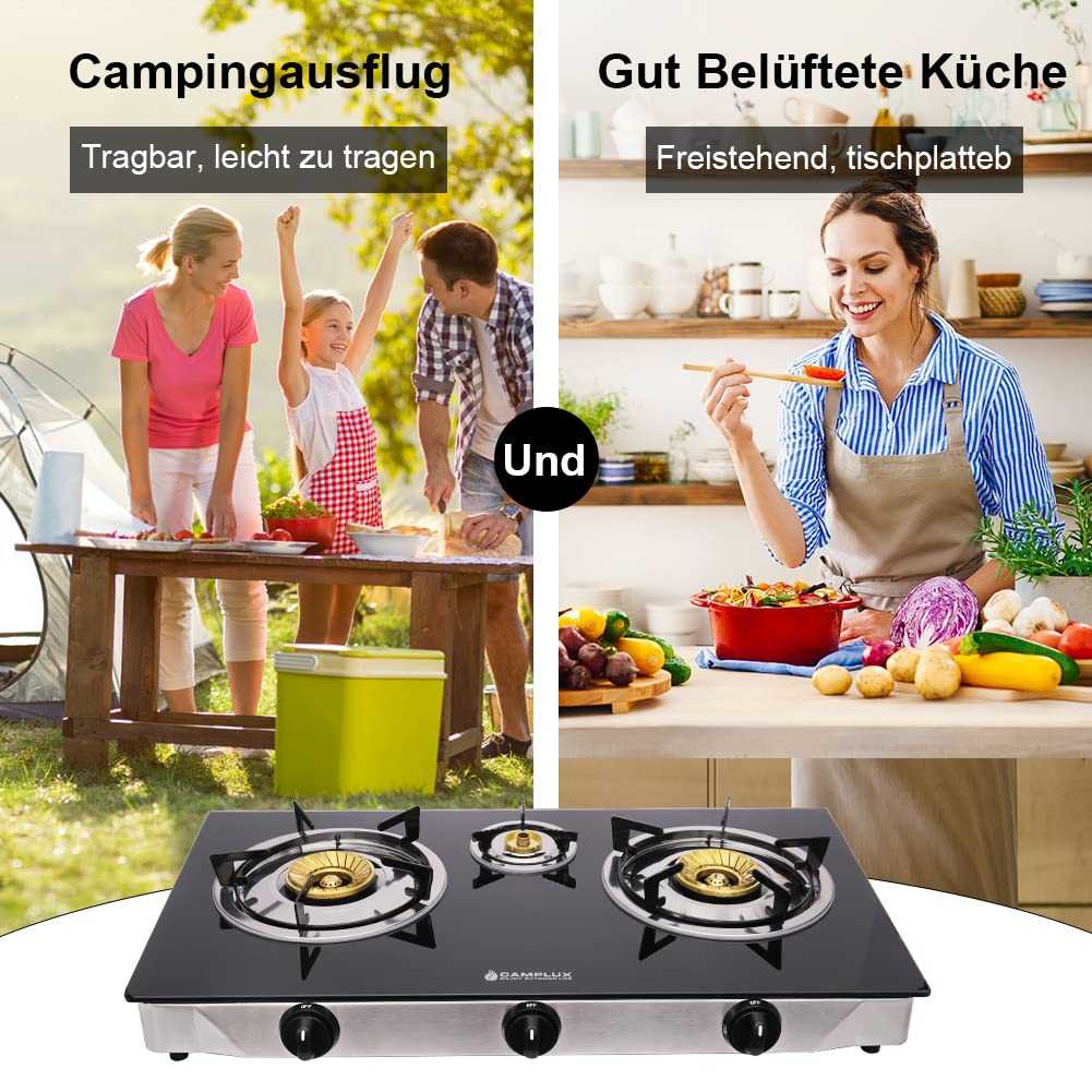 Camplux TC03GB 3 Flammig Glas Gaskochfeld/ 6,25 kW LPG Gaskocher/ Tragbar Campingkocher für Küche, Büro oder Camping/ 72,5cm/ 50mbar Gasregler