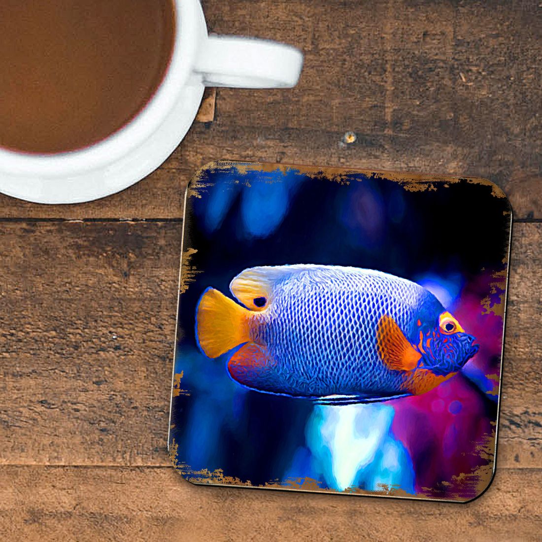 Tropical Fish Coastal Wooden Cork Coasters Gift Set of 4 by Nature Wonders - Coastal Sea-Life Decor - 95251C-S4