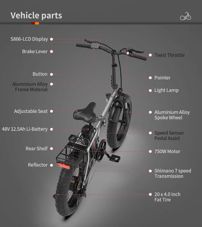 Foldable Electric Fat Tire Bike 20 Inch – Dual Disc Brakes with Fenders