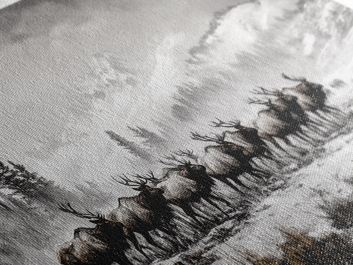 Elk, Wildlife, Mountain, Framed Canvas Print, Rustic Lodge Art, Winter Nature Scene, Cabin Wall Decor, Hunting Artwork, Western Aesthetic