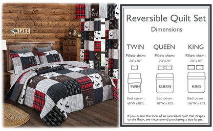 Moose Lodge Rustic Cabin Black Real Patchwork Reversible Quilt Bedding Set