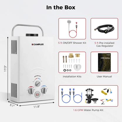 Camplux BW158P60 Camping Water Heater With Pump Kit