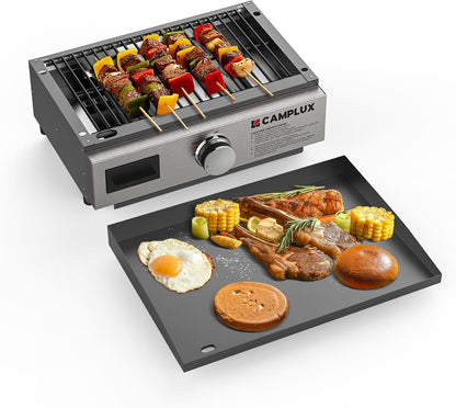 CAMPLUX Portable Propane Grill & Pizza Oven Combo, 11,000 BTU Tabletop Gas Griddle with 17" Pizza Oven Kit and Cordierite Stone, Compact Outdoor Mini Oven for Crispy Pizza, Camping, RV & Tailgating