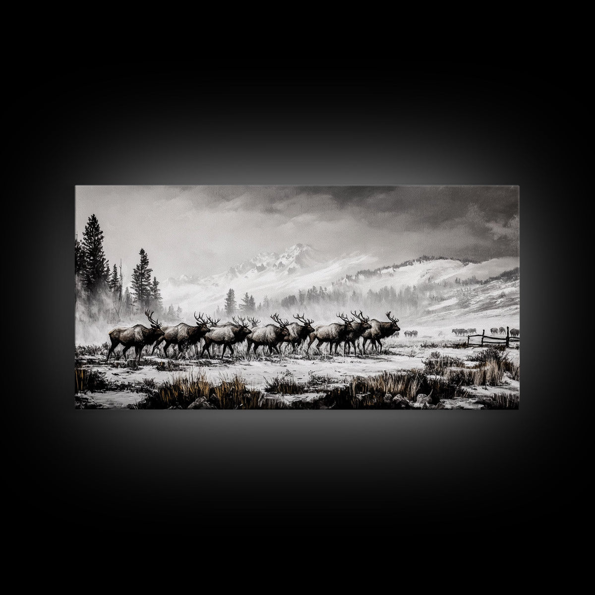 Elk, Wildlife, Mountain, Framed Canvas Print, Rustic Lodge Art, Winter Nature Scene, Cabin Wall Decor, Hunting Artwork, Western Aesthetic