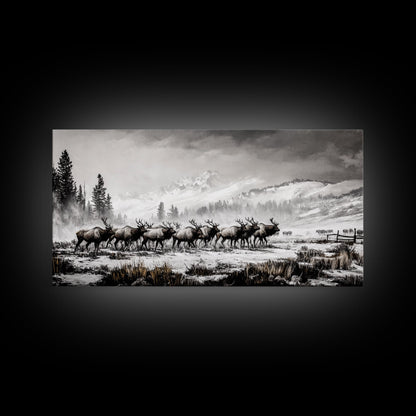 Elk, Wildlife, Mountain, Framed Canvas Print, Rustic Lodge Art, Winter Nature Scene, Cabin Wall Decor, Hunting Artwork, Western Aesthetic