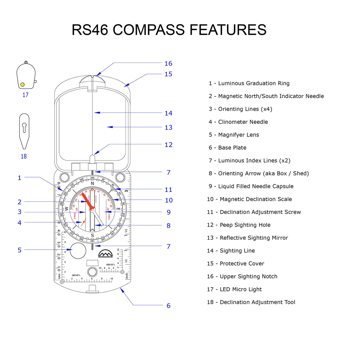 RS46 Mirrored Sighting Compass with Declination Adjustment, Clinometer & Map LED