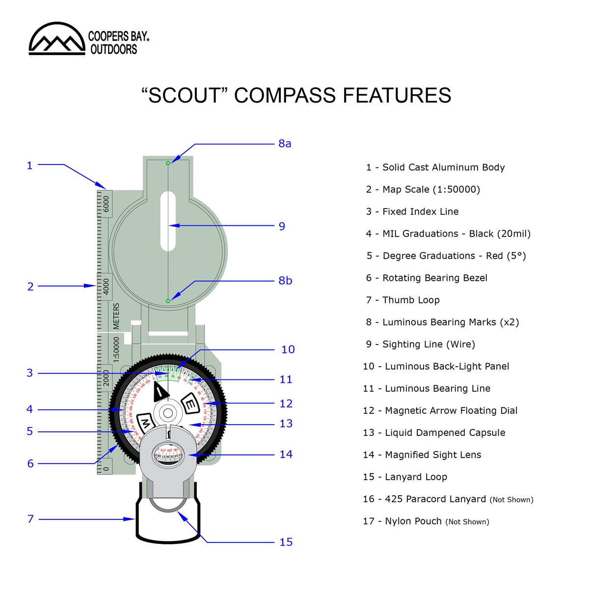 Scout™ Lensatic Compass - Traditional Phosphorescent Military Style - Black