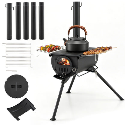 Hot Tent Stove with Chimney Pipes and Foldable Legs for Outdoor Heating