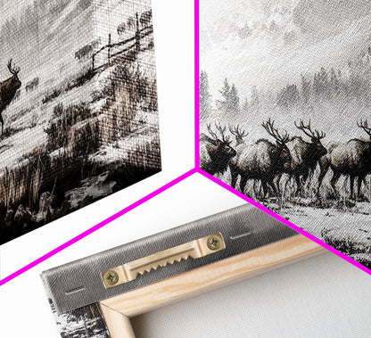 Elk, Wildlife, Mountain, Framed Canvas Print, Rustic Lodge Art, Winter Nature Scene, Cabin Wall Decor, Hunting Artwork, Western Aesthetic