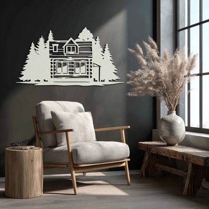 Mountain Log Cabin Metal Wall Art – Nature Inspired Outdoor Wall Decor for Home & Lodge- KAF640