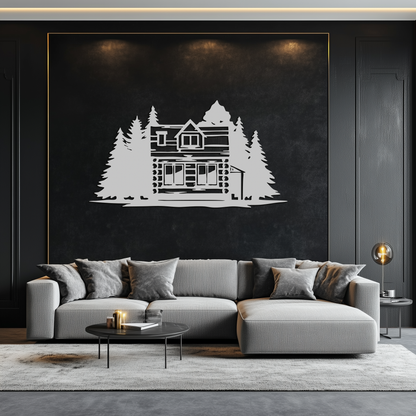 Mountain Log Cabin Metal Wall Art – Nature Inspired Outdoor Wall Decor for Home & Lodge- KAF640