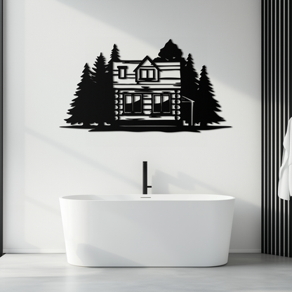 Mountain Log Cabin Metal Wall Art – Nature Inspired Outdoor Wall Decor for Home & Lodge- KAF640