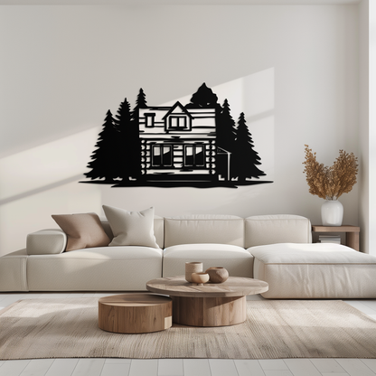 Mountain Log Cabin Metal Wall Art – Nature Inspired Outdoor Wall Decor for Home & Lodge- KAF640