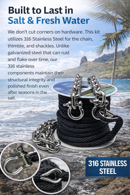 100ft x 3/8 Anchor Line, 5ft (316SS) Chain