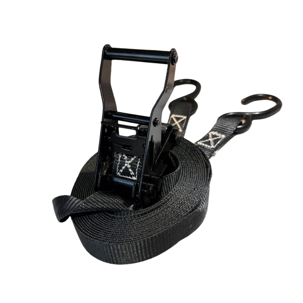1" Black Ratchet Strap w/Vinyl S Hook LENGTH OPTIONS | FOUR PACK