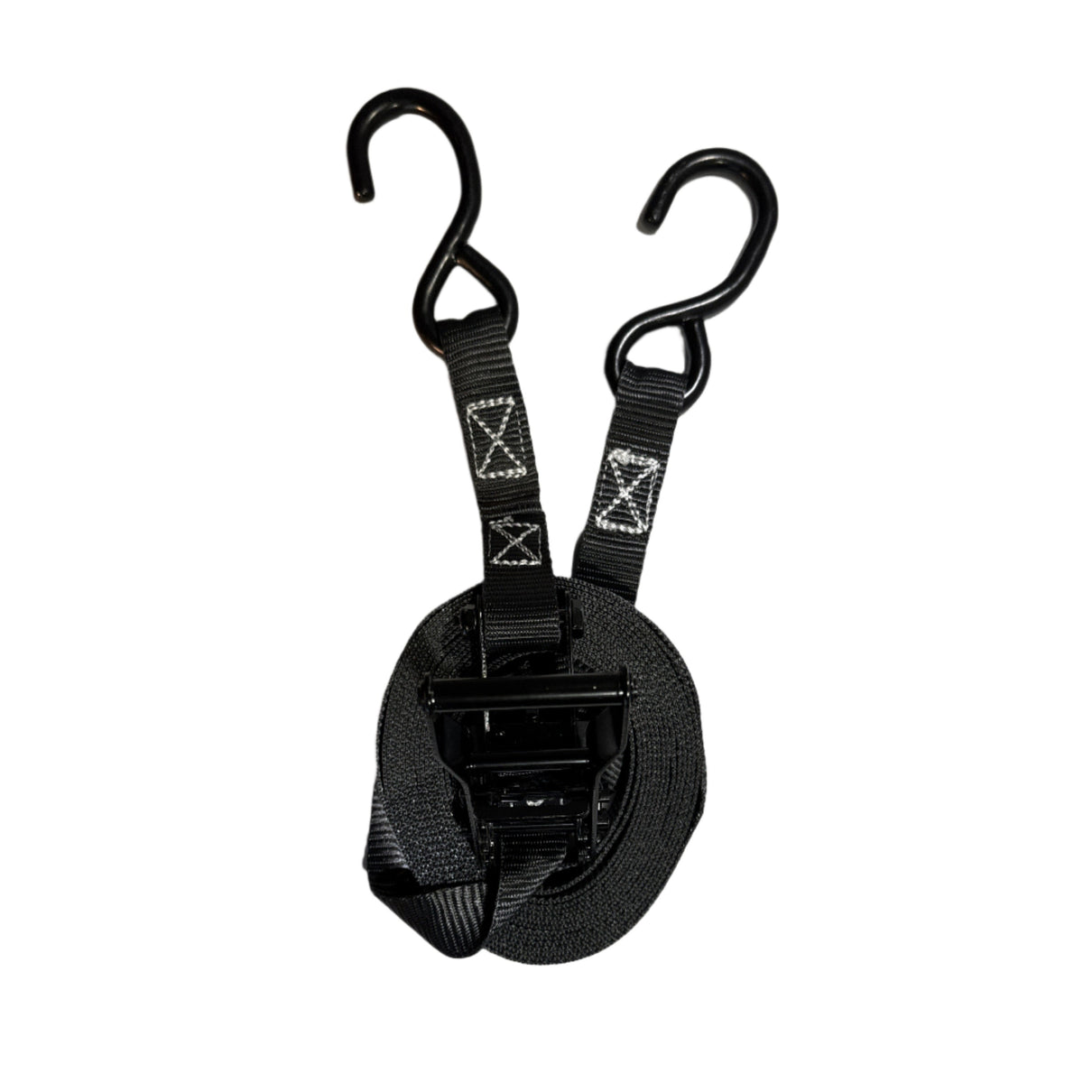 1" Black Ratchet Strap w/Vinyl S Hook LENGTH OPTIONS | FOUR PACK