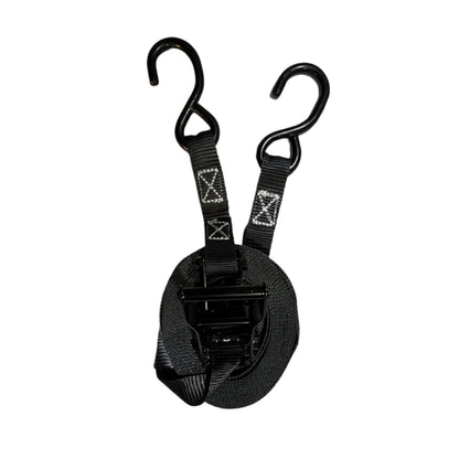 1" Black Ratchet Strap w/Vinyl S Hook LENGTH OPTIONS | FOUR PACK
