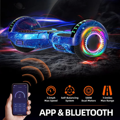 Scooter with Adjustable Seat Attachment, 6.5" All-Terrain Self Balancing Scooter, LED Lights & Bluetooth for Kids and Adults, Black